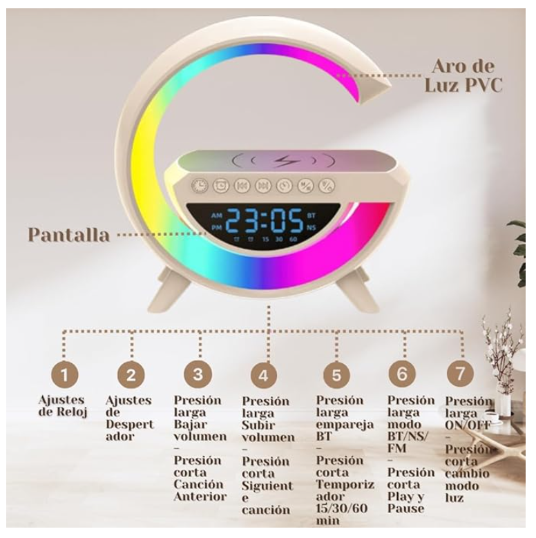 Altavoz Bluetooth G - Cargador inalámbrico + Lámpara LED + Reloj despertador