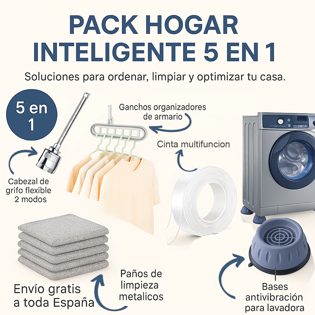 Kit Hogar 5 en 1 Grifo Flexible + Ganchos + Cinta Nanotech + Paños + Amortiguadores