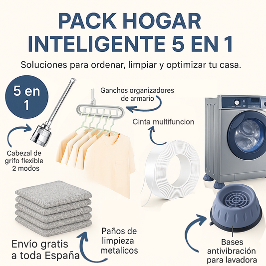 Kit Hogar 5 en 1 Grifo Flexible + Ganchos + Cinta Nanotech + Paños + Amortiguadores
